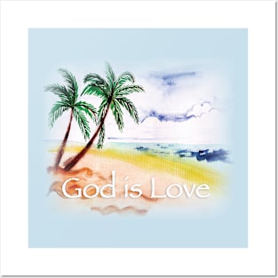 GOD IS LOVE PEACEFUL WATERCOLOR BEACH SCENE Posters and Art